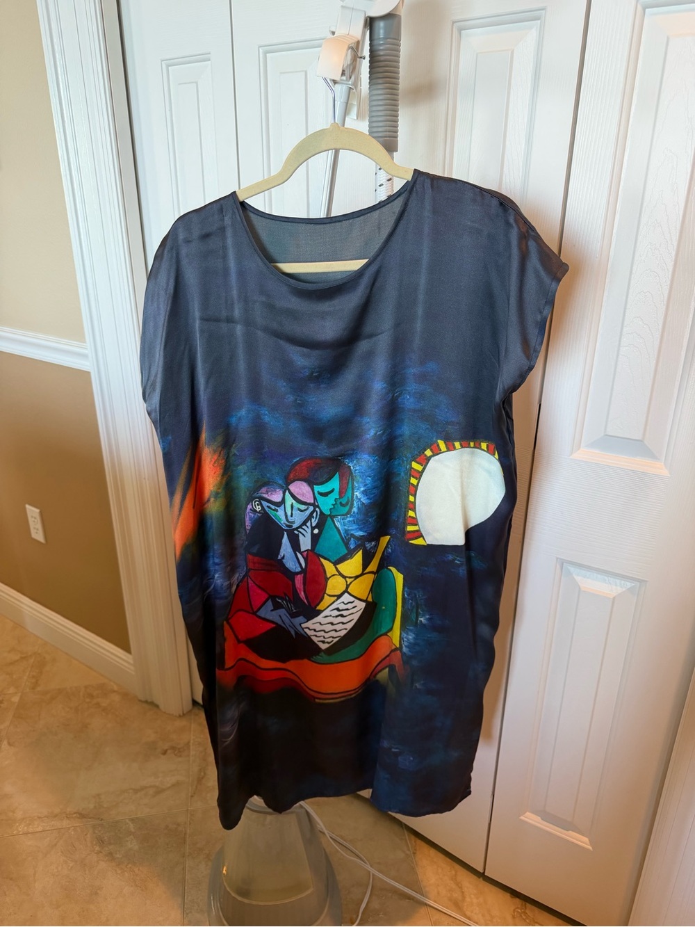 Black Short-Sleeve Mini Dress with Colorful Artistic Print